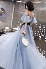Blue Velvet Tulle Long Prom Dresses, A-Line Evening Dresses
