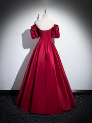 Burgundy Satin Long Prom Dress, Off the Shoulder A-Line Formal Evening Dress