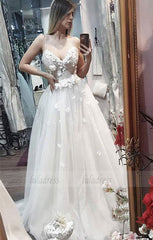 White sweetheart v neck lace applique long prom dress, wedding dress