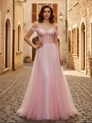 Off-the-shoulder Sequins A-Line Tulle Dress Blushing Pink