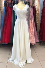 White Chiffon V-Neck Backless Ruffled Long Bridesmaid Dress