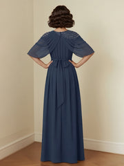 Flowing A-Line Gown with Sparkling Shoulder Detail Dark Navy