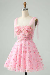 Pink Tie Straps Corset 3D Floral Short Homecoming Dress