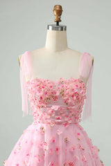 Pink Tie Straps Corset 3D Floral Short Homecoming Dress