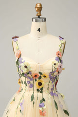 Straps Champagne 3D Floral A-Line Short Party Dress
