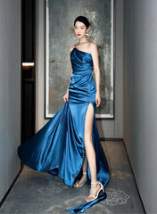 Blue Soft Satin Long Prom Dress with Leg Slit, Blue Evening Dress Formal Dress