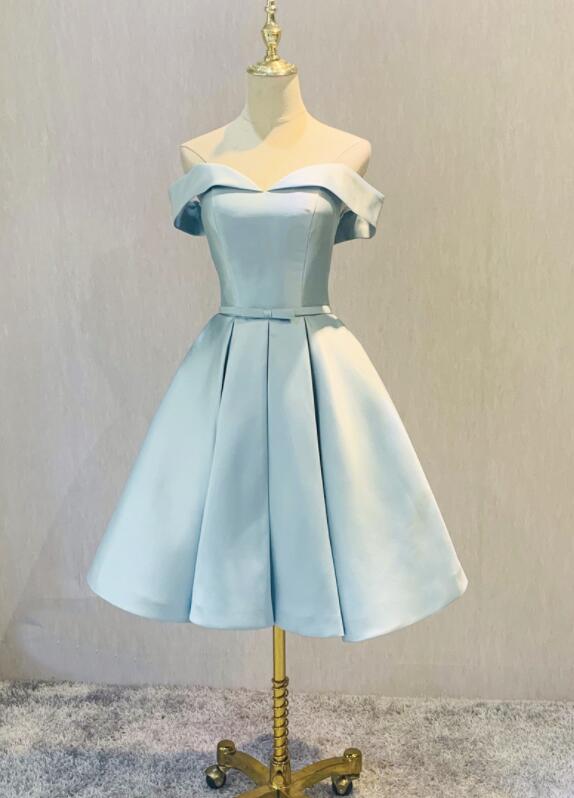 Beautiful Blue Satin Cute Short Homecoming Dress, Off Shoulder Party Dress