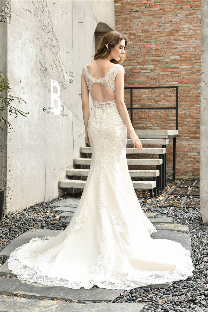 Princess V Neck Mermaid Ivory Lace Wedding Dress