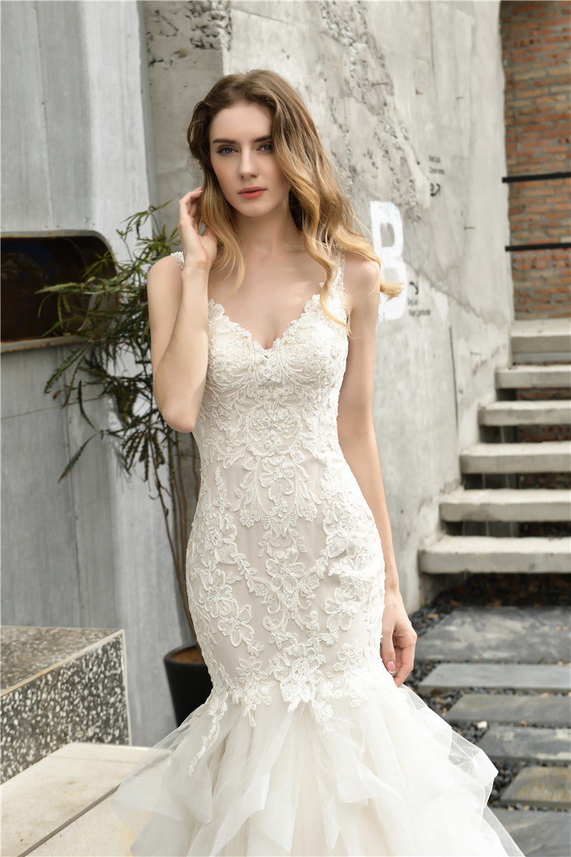 Princess Mermaid Ivory Wedding Dress with Cascading Ruffles