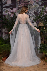Princess Long Sleeves Beaded Champagne Wedding Dress