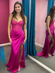Mermaid Strapless Lace Ruched Satin Fuchsia formal dresses Bridesmaid Dresses evening gown Prom Dress