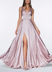 Aimishang Elegant Formal Women's Dresses Evening Wear Long Satin V-Neck Dress with Slit