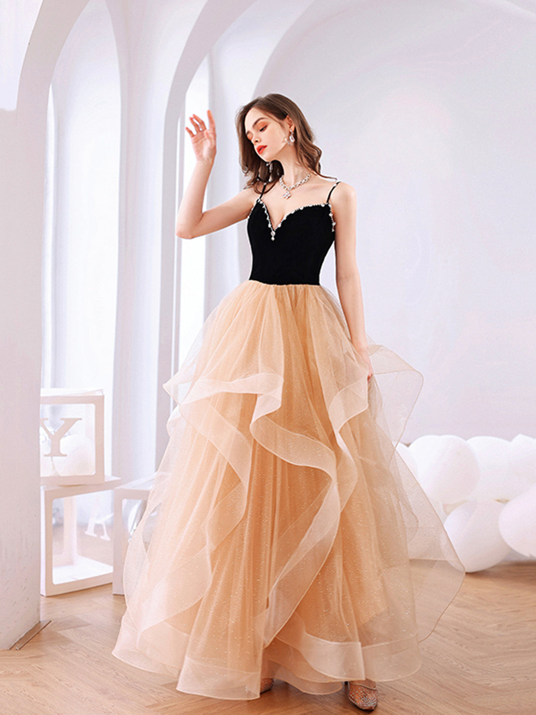 Black Velvet and Champagne Tiered Ruffles Long Prom Dress