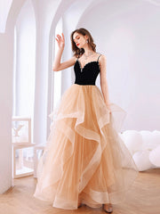 Black Velvet and Champagne Tiered Ruffles Long Prom Dress