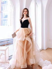Black Velvet and Champagne Tiered Ruffles Long Prom Dress
