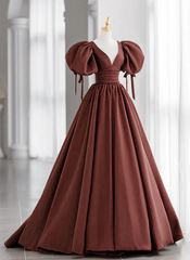 Brown Satin Short Sleeves Long Party Dress, A-line Satin Prom Dress