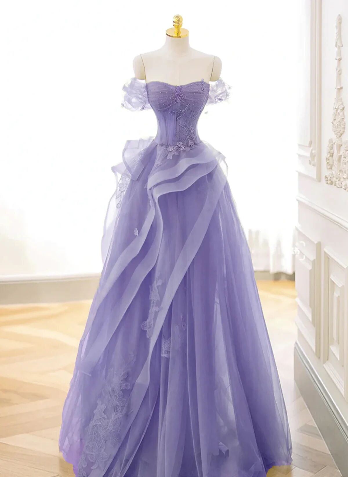 Purple Sweetheart Off Shoulder Tulle Long Party Dress, Purple Tulle Prom Dress