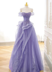 Purple Sweetheart Off Shoulder Tulle Long Party Dress, Purple Tulle Prom Dress