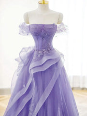 Purple Sweetheart Off Shoulder Tulle Long Party Dress, Purple Tulle Prom Dress