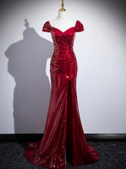 Red Sequins Mermaid Long Off Shoulder Evening Dress, Red Sequins Prom Dress