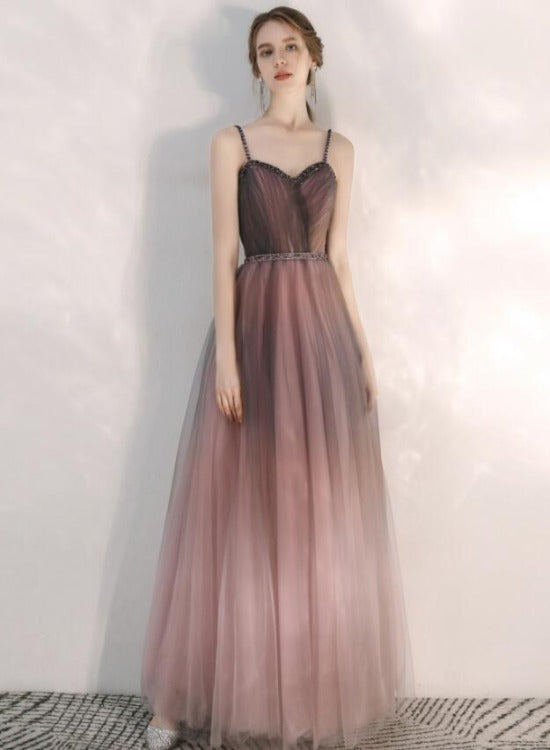 Beautiful Gradient Tulle Straps Sweetheart Long Party Dress, Long Junior Prom Dresses