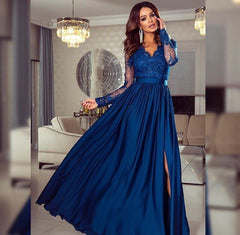 Long Sleeve Appliques Prom Dress, A Line Prom Dresses, Split Slit Evening Dress T825