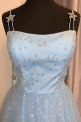 Elegant Spahetti Straps A-Line Light Sky Blue Dress with Appliques