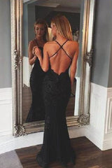 Elegant Straps Mermaid Black Lace Long Prom Dress with Open Back