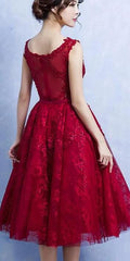 Elegant Tea Length Wine Red Homecoming Dress, Lace Party Dress