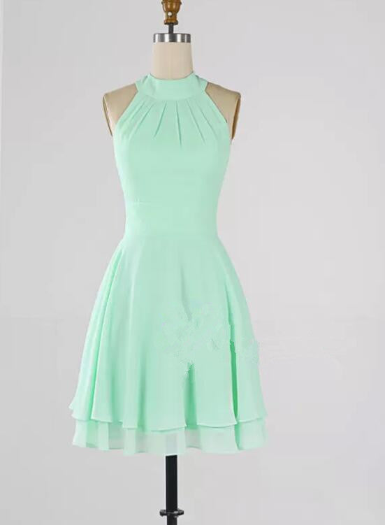 Mint Green Chiffon Halter Knee Length Bridesmaid Dress , Wedding Party Dresses