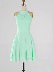 Mint Green Chiffon Halter Knee Length Bridesmaid Dress , Wedding Party Dresses