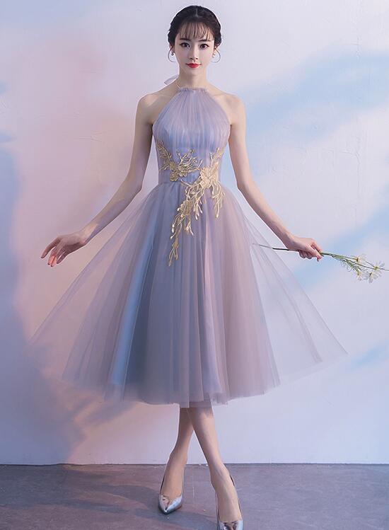 Halter Tulle Tea Length Party Dresses, Lovely Vintage Formal Dress, Homecoming Dress with Applique