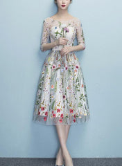 Lace Floral Elegant 1/2 Sleeves Knee Length Round Neckline Party Dress, Homecoming Dress , Party Dress