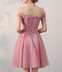 Elegant Pink Off Shoulder Knee Length Tulle Party Dress, Homecoming Dresses, Short Prom Dresses
