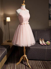 Light Pink Halter Tulle and Lace Lovely Knee Length Formal Dress, Cute Party Dress, Pink Prom Dresses