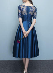 Blue Short Sleeves Tea Length Formal Dress, Blue Bridesmaid Dresses, Wedding Party Dresses