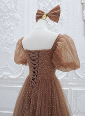 Lovely Simple Tulle Short Sleeves A-line Party Dress, Long Tulle Formal Dress Evening Dress