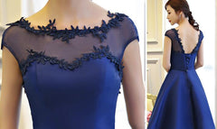 Blue Short Satin V Back Knee Length Homecoming Dress, Lovely Formal Dress