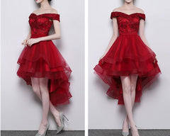 Wine Red Off Shoulder Lace High Low Lace-up Cute Formal Dress, Lovely Prom Dress