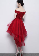 Wine Red Off Shoulder Lace High Low Lace-up Cute Formal Dress, Lovely Prom Dress