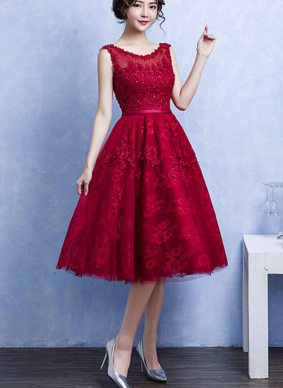 Pretty Handmade Knee Length Dark Red Lace Junior Party Dress, Beautiful Tulle Dress