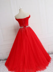 Beautiful Red Tulle Off Shoulder Long Formal Gown , Red Sweet 16 Dresses