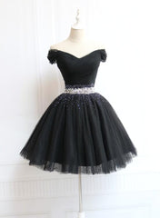 Beautiful Black Knee Length Off Shoulder Beaded Homecoming Dresses, Little Black Dresses