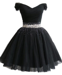 Beautiful Black Knee Length Off Shoulder Beaded Homecoming Dresses, Little Black Dresses