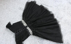 Beautiful Black Knee Length Off Shoulder Beaded Homecoming Dresses, Little Black Dresses