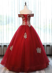 Beautiful Red Off Shoulder Long Sweet 16 Dress with Gold Lace Top, Party Dresses
