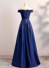 Beautiful Navy Blue Satin Long Party Dress , Long Bridesmaid Dresses