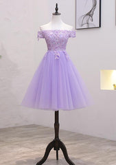 Light Purple Lace and Tulle Off the Shoulder Homecoming Dress, Short Party Dress