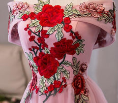 Lovely Pink Off Shoulder Tea Length Formal Dress, Cute Party Dress