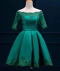 Cute Short Sleeves Satin Knee Length Party Dress, Short Homecoming Dress